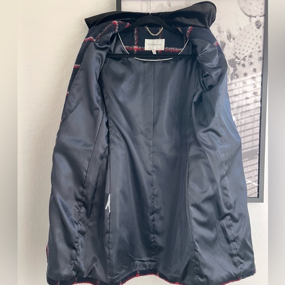 BCBGeneration Navy Plaid Velvet Trim Warm Winter Coat size Small - Picture 8 of 12